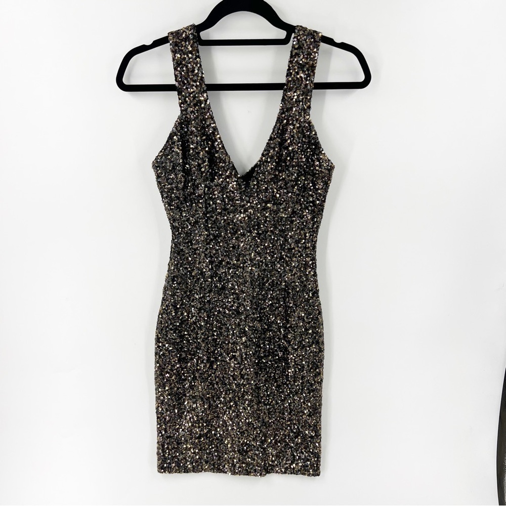 ✅ DRESS THE POPULATION Size S 'Sam' Plunge Sequin Body-Con Dress USA BLACK/BROWN